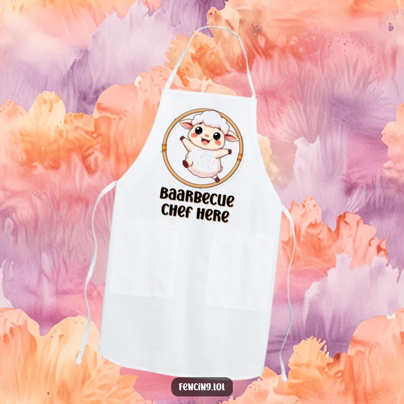 Funny sheep with a wide grin leaping through a hoop, perfect for kitchen fun, humorous apron.