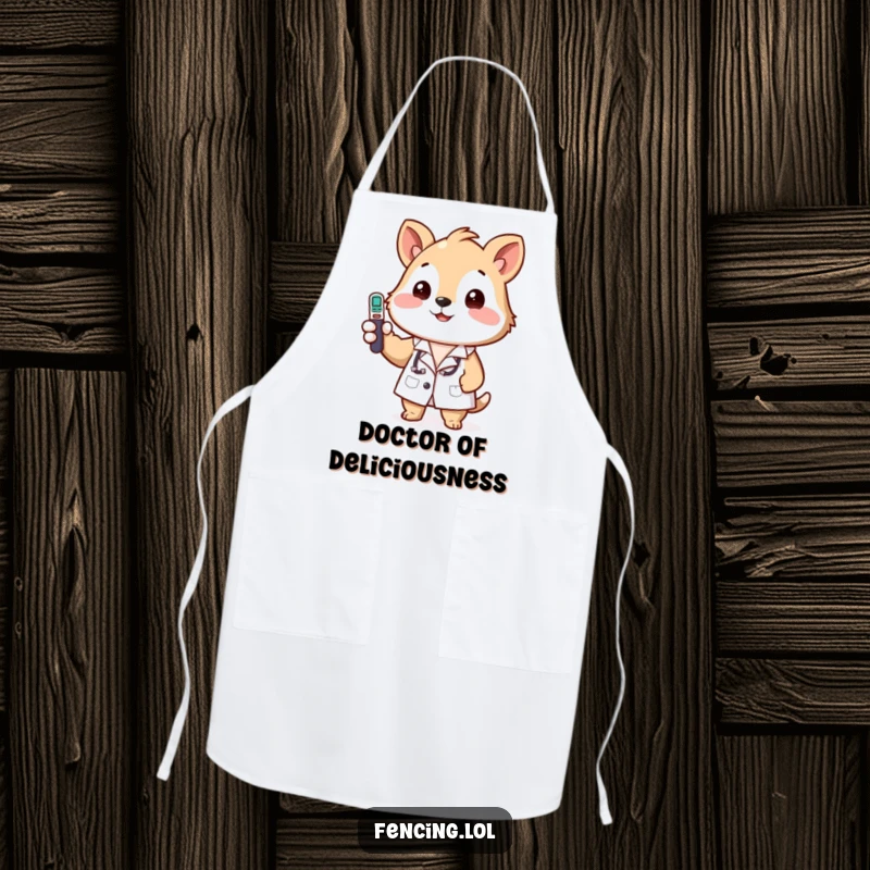 Funny apron with a happy animal in a lab coat, holding a thermometer, ready to cook up a storm.