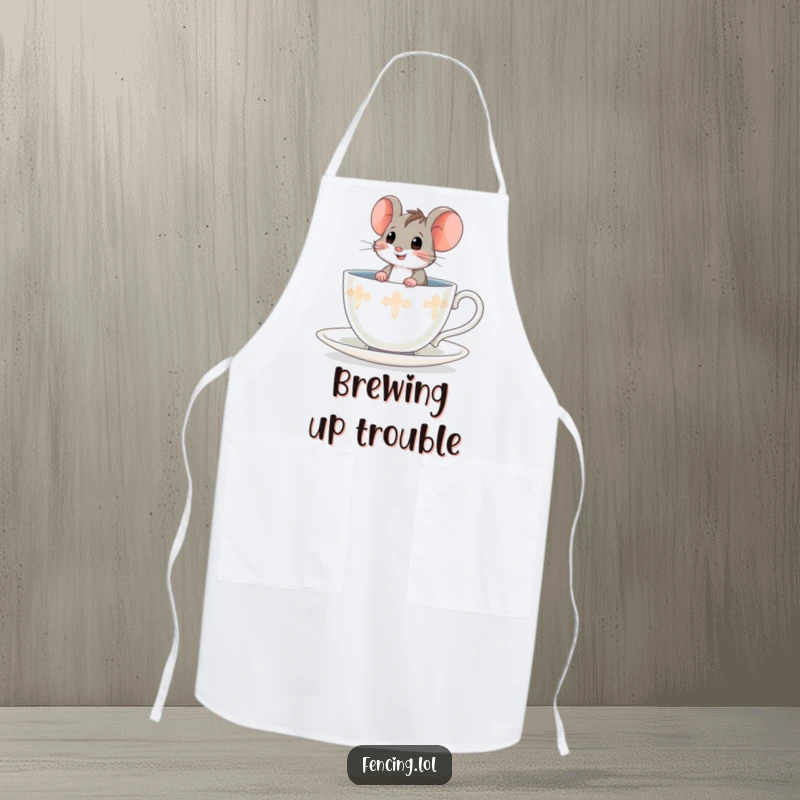 Funny brave mouse apron, bravely sitting in a giant teacup, perfect for adding humor to kitchen tasks.