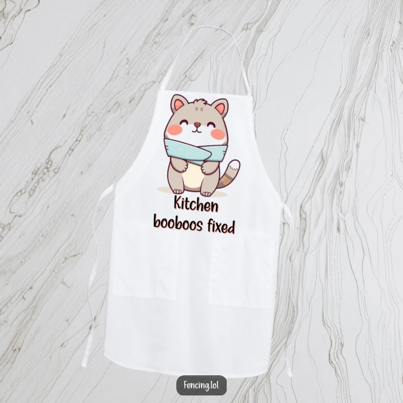 Funny apron showing a cheerful animal bandaging a pretend injury, designed for humorous and clean kitchen adventures.