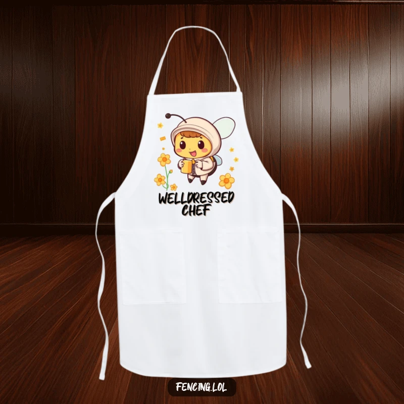 Funny bee apron showing a dapper bee in a suit collecting nectar, a perfect funny gift.