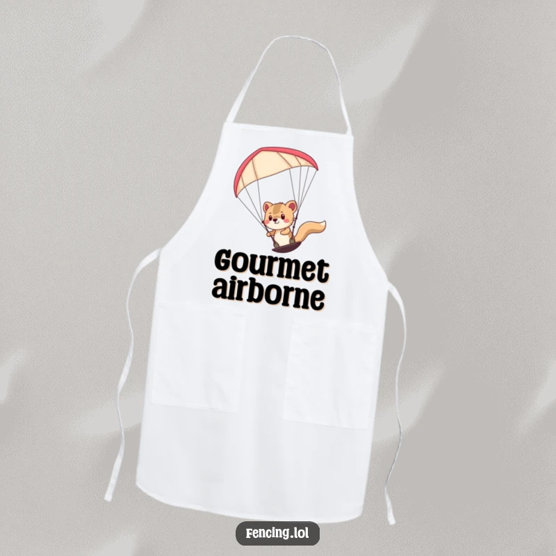 Funny determined animal paragliding on a kitchen apron, perfect for adventurous cooks who like to fly through recipes.