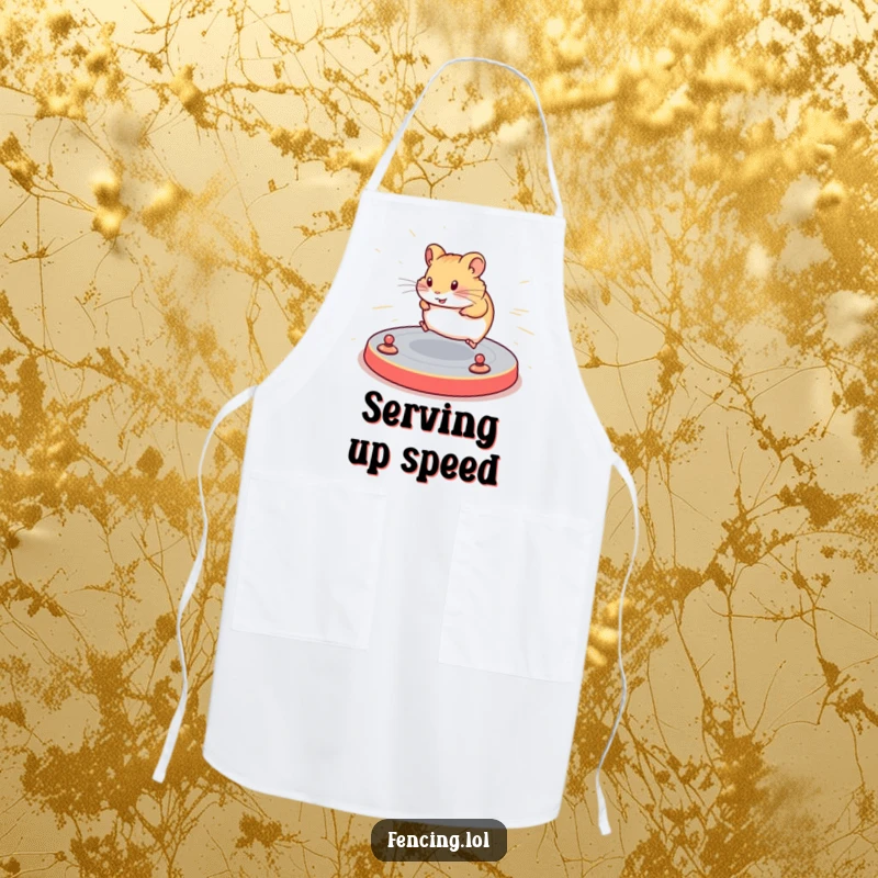 Funny apron depicting a determined hamster navigating a complex floor routine with speed, perfect for adding humorous athletic flair to kitchen activities.
