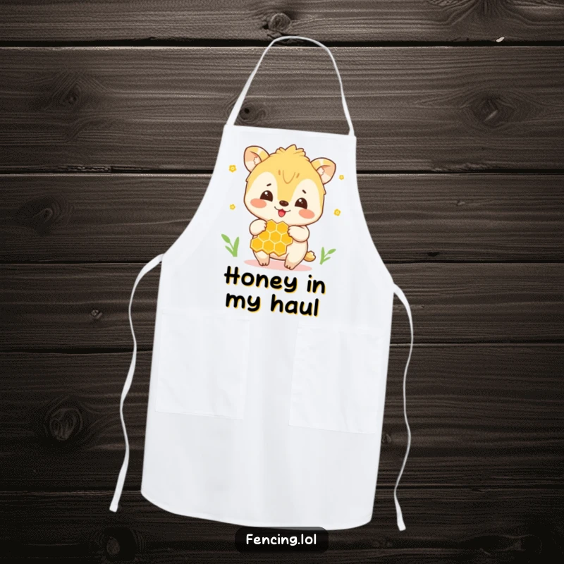 Funny apron with a cheerful animal holding a honeycomb, ideal for kitchen fun and sweet treats.
