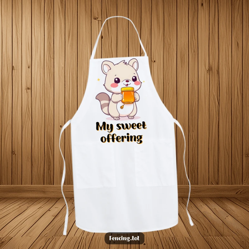 Funny apron with a playful animal offering a jar of honey, ideal for kitchen fun and sharing treats.