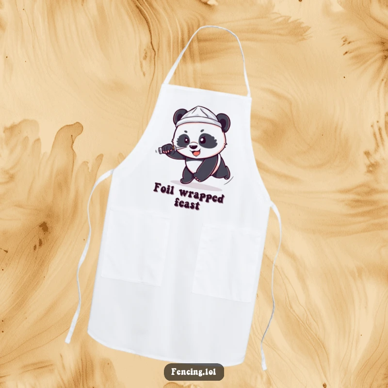 Funny kitchen apron with a determined, small panda wearing a tiny foil hat lunging forward with a foil, a humorous cooking accessory.