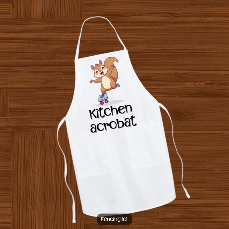 Funny Apron: A joyful squirrel performing a cartwheel on roller skates, a fun and functional kitchen accessory.