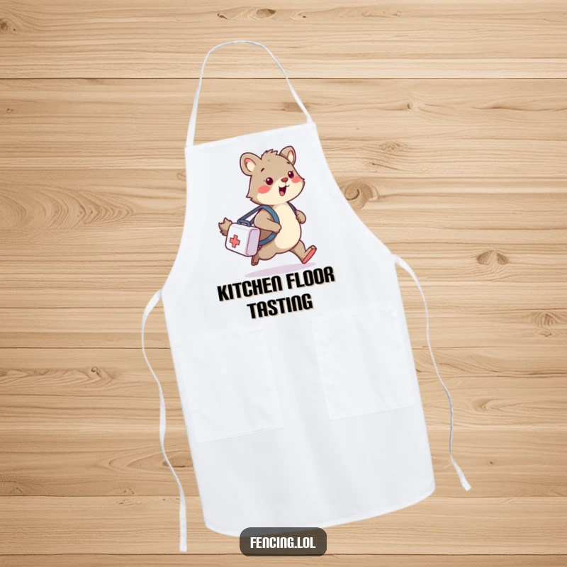 Funny apron depicting a wobbly animal tripping with a medical bag, designed for humorous kitchen adventures.
