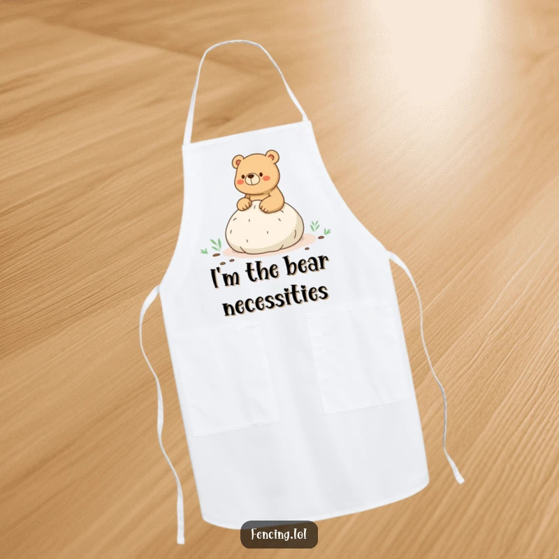 Funny apron featuring a bear sitting on a whoopee cushion on a hike, ideal for kitchen humor and protection.