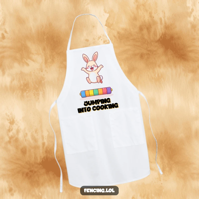Funny rabbit apron showing a cheerful bunny performing a high jump, bringing energy and humor to the kitchen.