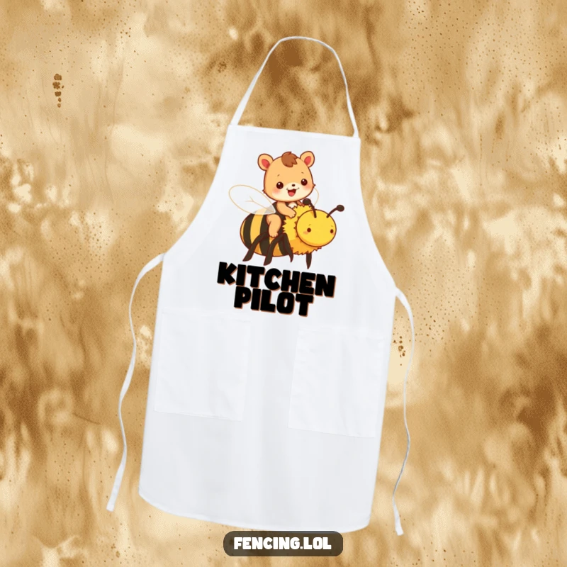Funny animal apron showing a cheerful animal riding a large bee, great for kitchen fun.
