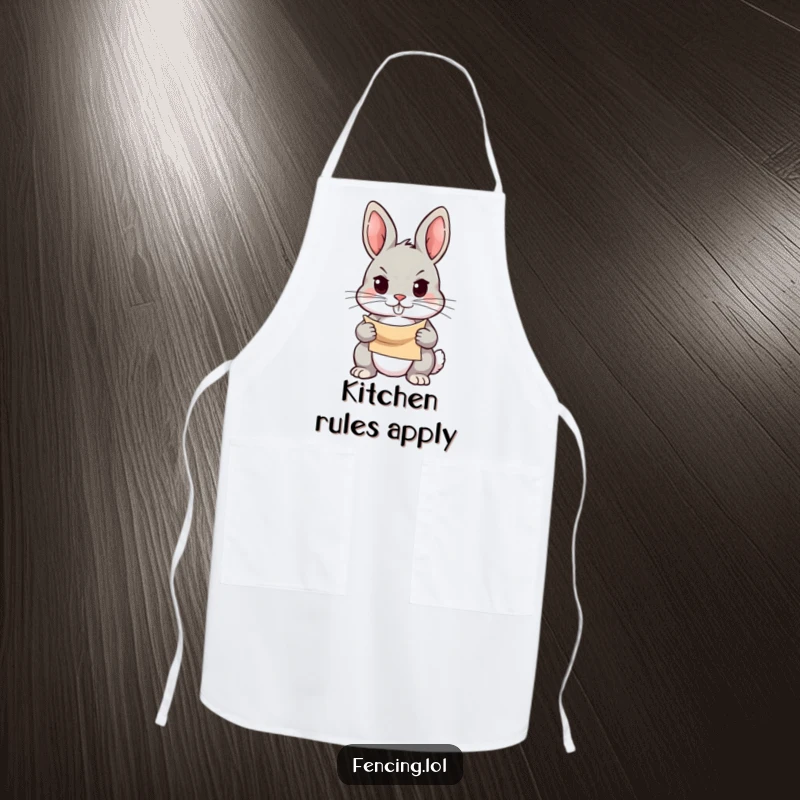 Funny apron with a determined rabbit holding a small scroll, gaze fixed, a humorous and practical accessory for the kitchen.