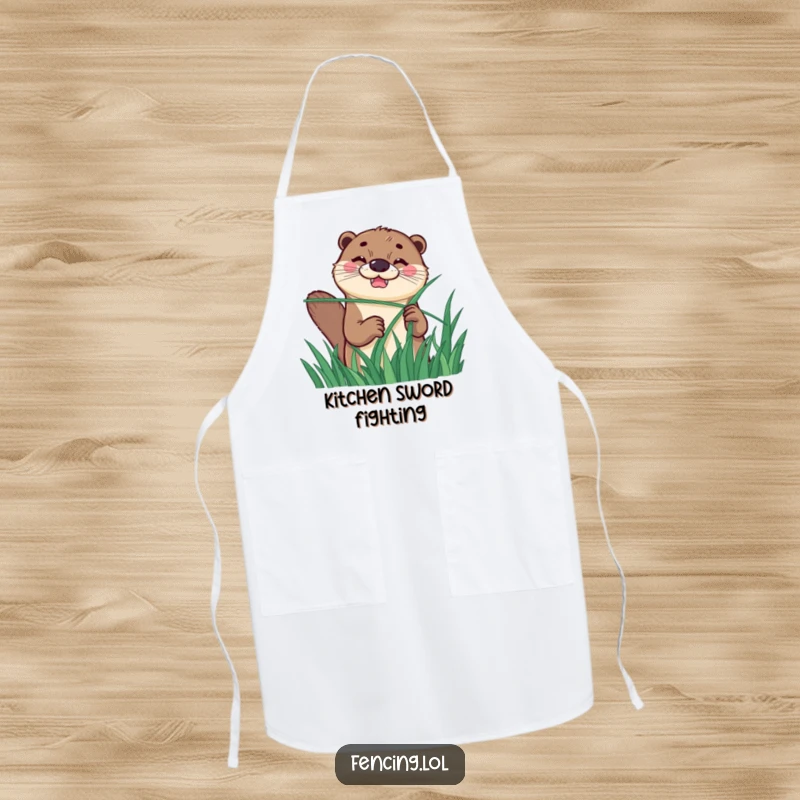 Funny apron with a happy otter, determined grin, humorously fencing with a long blade of grass while cooking or baking.