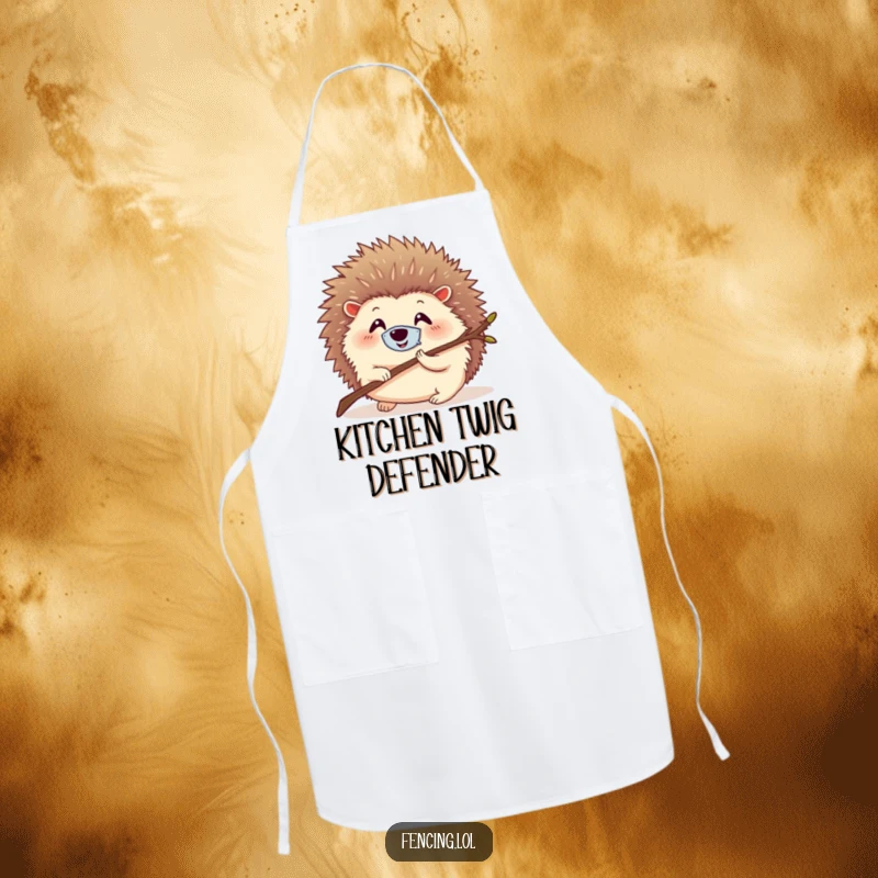 Funny apron with a round, smiling hedgehog wearing a tiny mask, lunging with a twig, for humorous kitchen adventures.