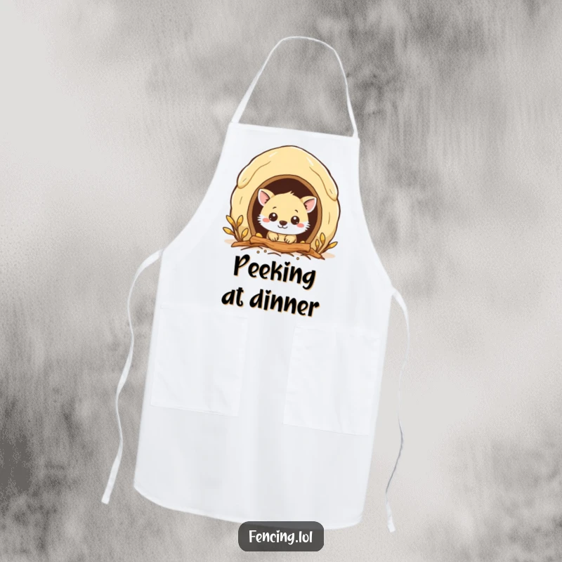 Funny apron with a curious animal peeking into a beehive, ideal for kitchen fun and sweet recipes.