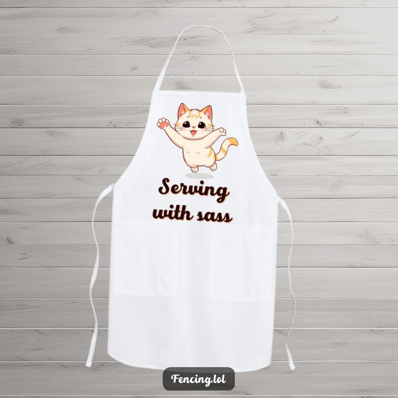 Funny Apron: A playful cat making a sudden stop with a flourish, a humorous and functional kitchen accessory for dramatic cooks.
