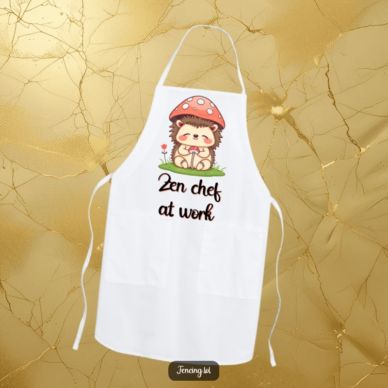 Funny Apron: A happy hedgehog meditating in the kitchen, ready to cook with humor and peaceful focus for any culinary task.
