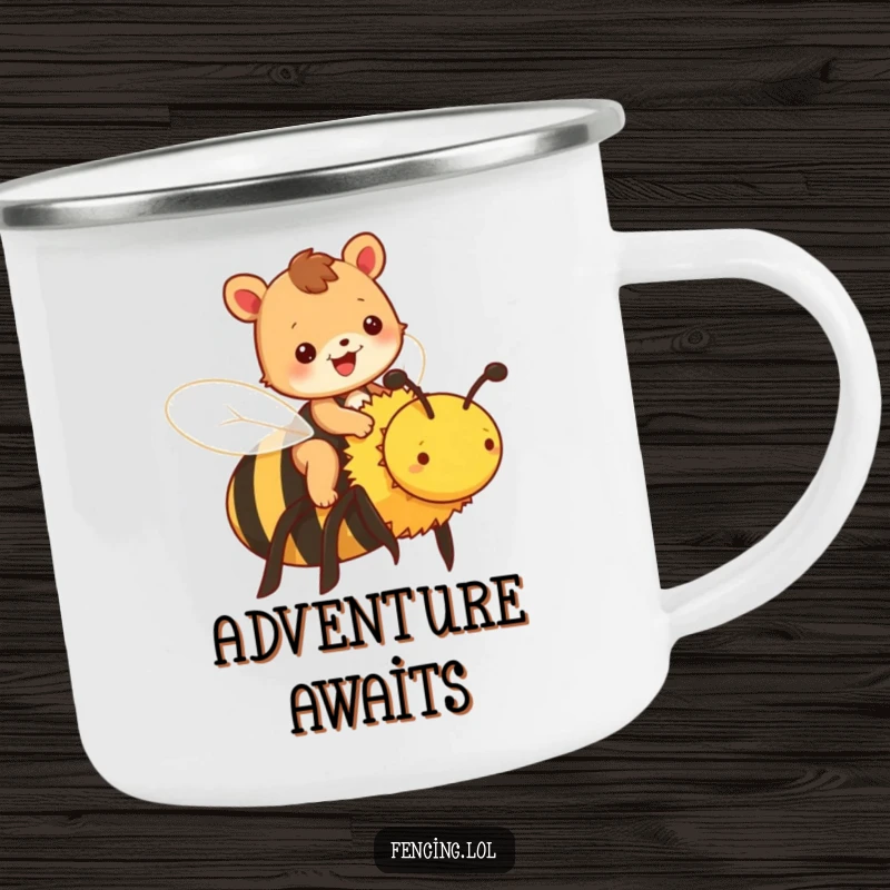 Funny animal camping mug with a cheerful animal riding a large bee, designed for outdoor fun.