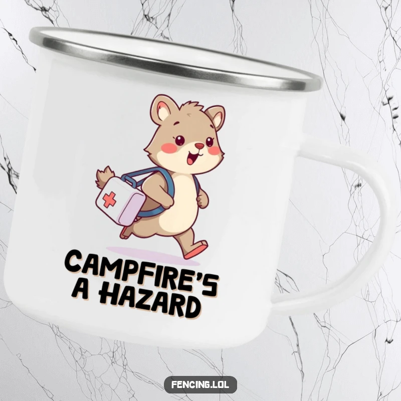 Funny camping mug with a wobbly animal tripping with a medical bag, great for outdoor lovers who appreciate humor.