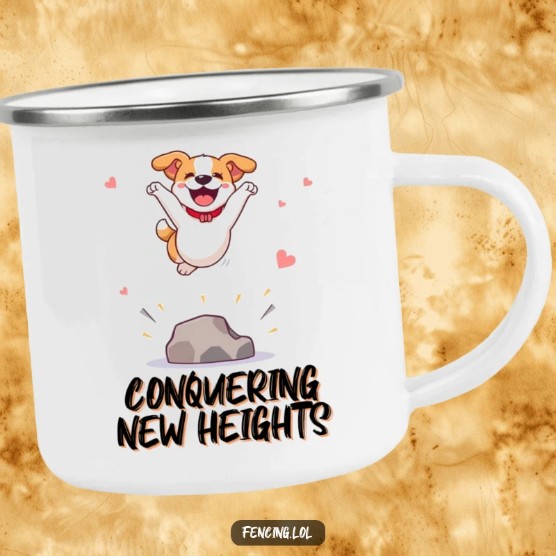 Funny camping mug with a joyful dog leaping high in a spectacular vault, perfect for enjoying drinks outdoors with energetic canine humor.