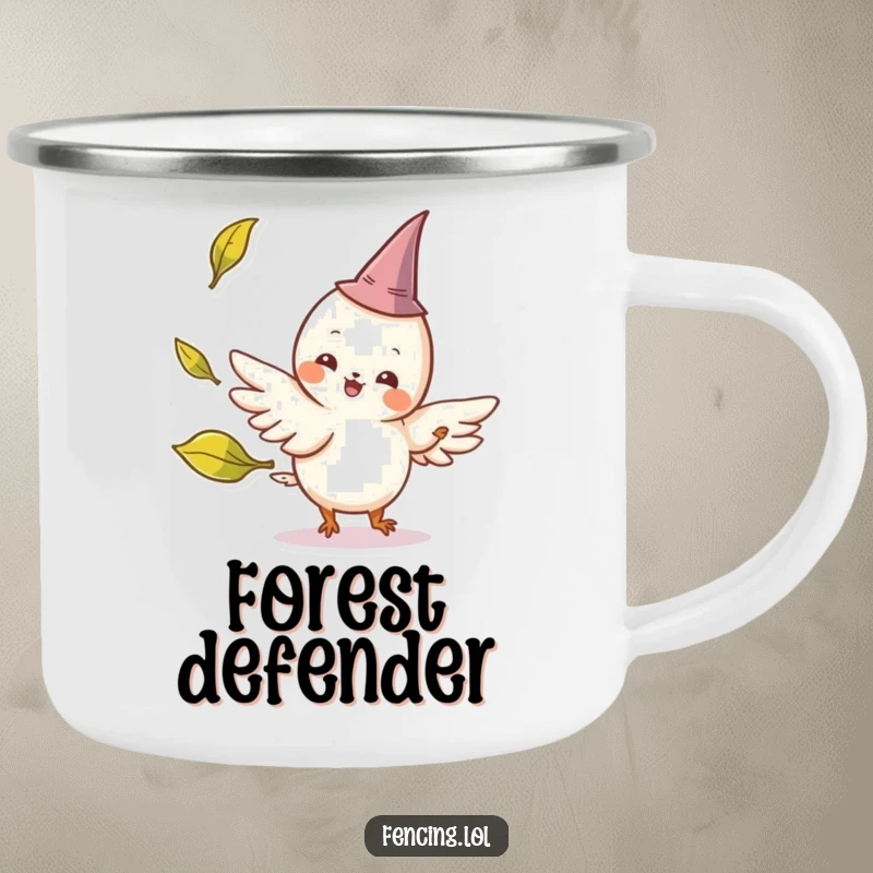 Funny enamel camping mug with a cheerful, winged creature wearing a tiny pointed hat parrying a playfully tossed leaf, perfect for outdoor humor.
