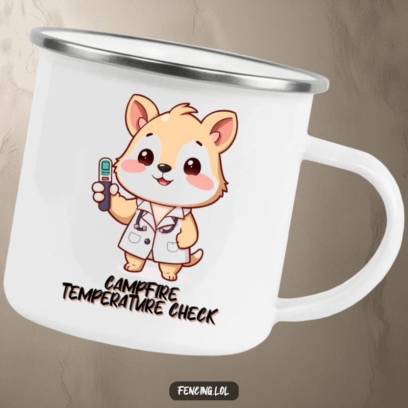 Funny camping mug featuring a happy animal in a lab coat, checking a temperature, ready for outdoor discovery.