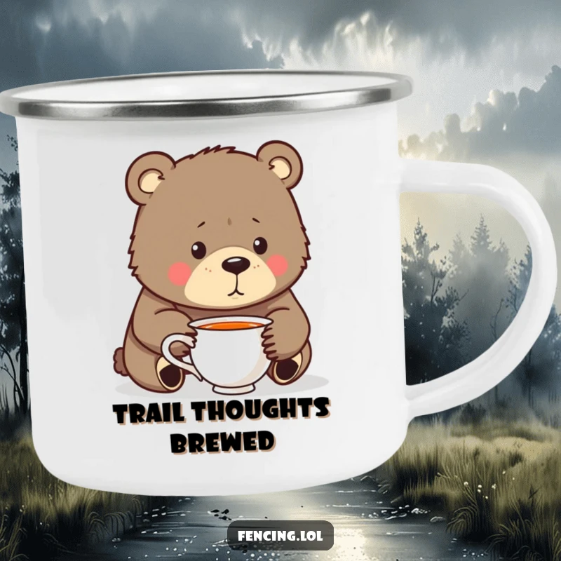Funny Camping Mug: A bear lost in humorous thought over a teacup, perfect for enjoying drinks outdoors with a thoughtful and funny vibe.