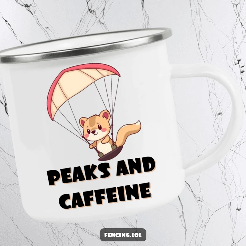 Funny determined animal paragliding on a rugged camping mug, for outdoor enthusiasts who crave adventure and humor.