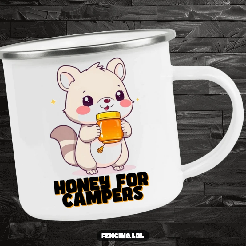 Funny camping mug with a playful animal offering a jar of honey, great for outdoor sweetness and humor.