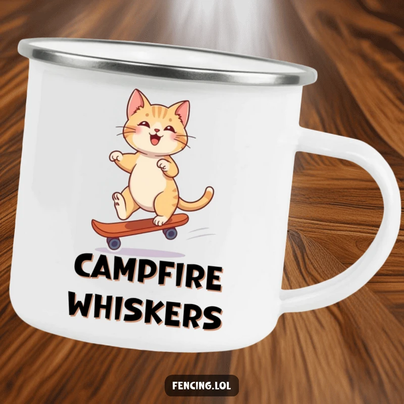 Funny camping mug with a playful cat gliding gracefully on a single skate, ready for outdoor fun.