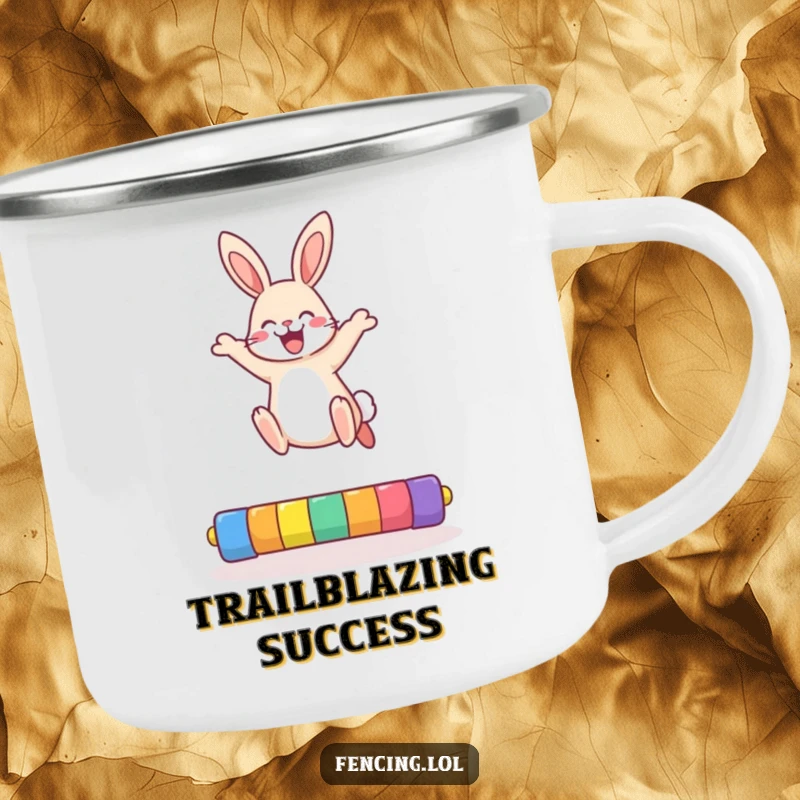 Funny rabbit camping mug showing a cheerful bunny mid-high jump, ideal for outdoor humor and active adventures.