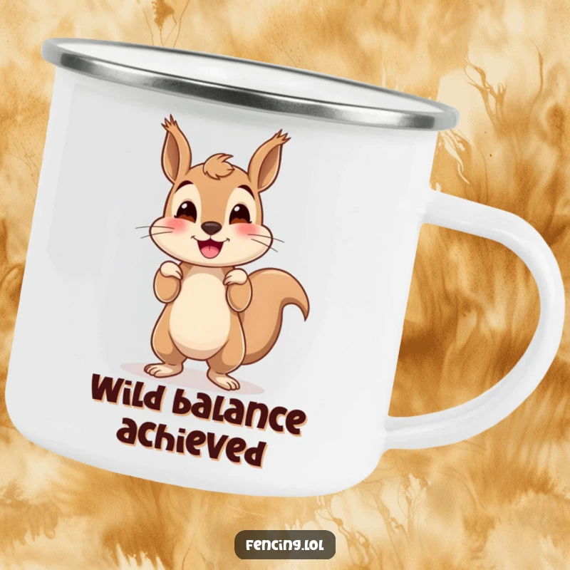 Funny squirrel camping mug showing a smiling squirrel doing a wobbly handstand, ideal for outdoor humor and adventure.