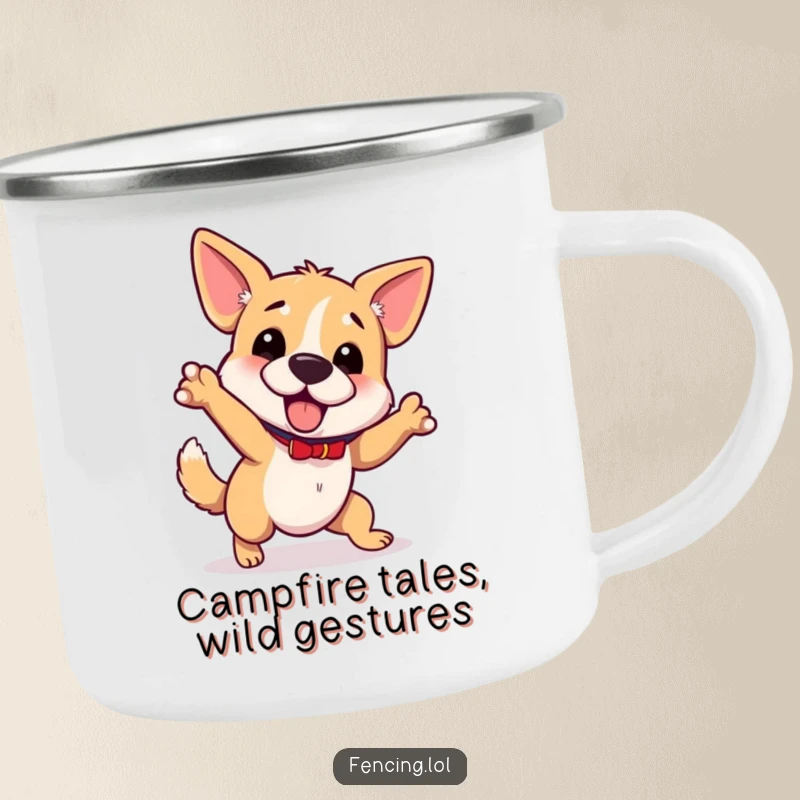 Funny wobbly dog camping mug, tripping while gesturing, exploring outdoors, durable and humorous, great gift.