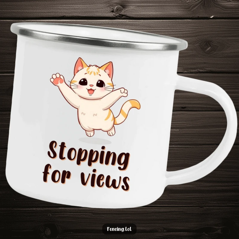 Funny Camping Mug: A playful cat making a sudden stop with a flourish, a humorous and durable outdoor companion for dramatic moments.
