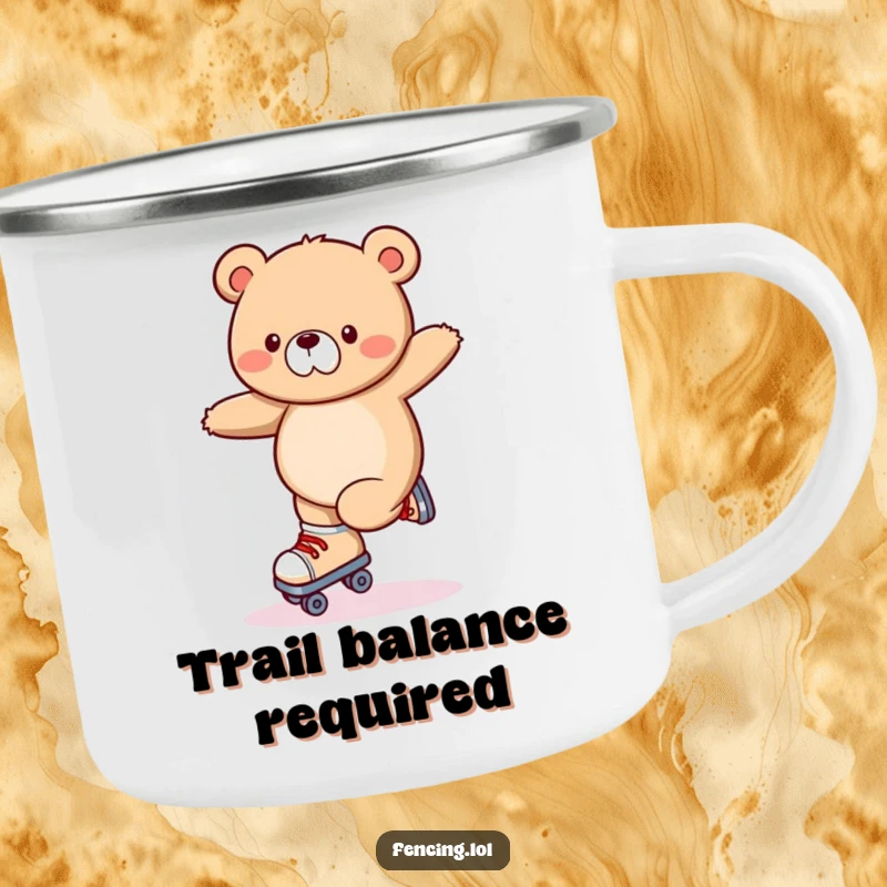 Funny camping mug illustration of a wobbly bear attempting a roller skating trick in an outdoor setting, looking unsteady.