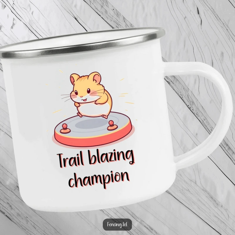 Funny camping mug with a determined hamster navigating a complex floor routine with speed, perfect for enjoying drinks outdoors with athletic humor.