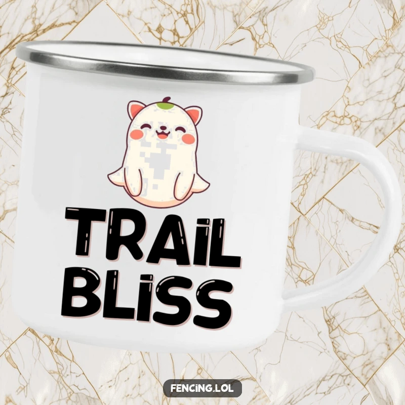 Funny joyful animal floating on a camping mug, ideal for peaceful sips in the great outdoors.