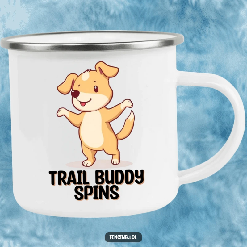 Funny camping mug with a curious dog performing a pirouette with a wagging tail, ready for outdoor fun.