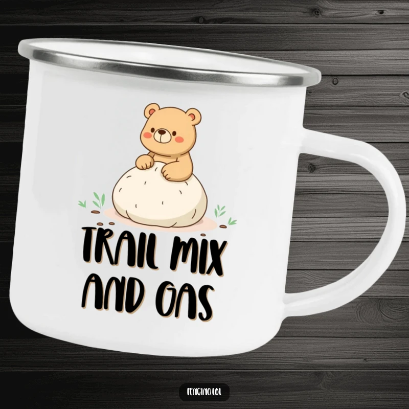 Funny camping mug depicting a bear's comical whoopee cushion encounter on a hiking trail, adding humor to outdoor drinks.
