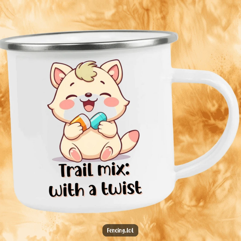Funny camping mug, joyful animal gently giving a colorful pill, for happy and humorous outdoor enjoyment.
