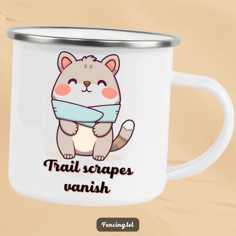 Funny camping mug with a cheerful animal bandaging a pretend injury, perfect for outdoor enthusiasts who love humor.