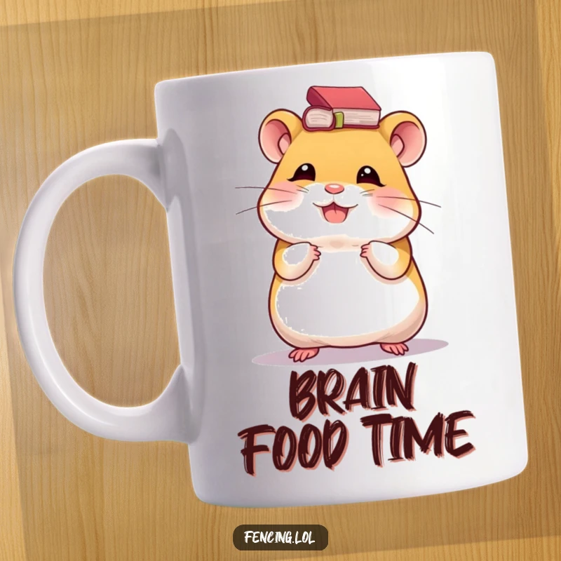 Funny mug showcasing a giggling hamster with a tiny book precariously balanced on its head, radiating pure delight and studiousness.