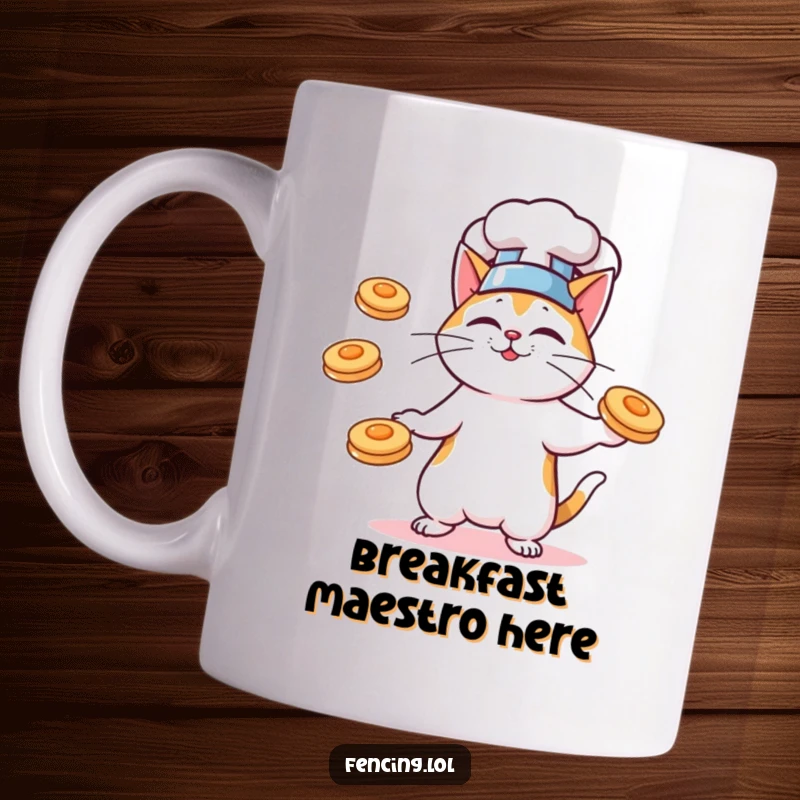 Funny mug with a cat chef wearing a hat, impressively juggling multiple flying pancakes with skill and humor.
