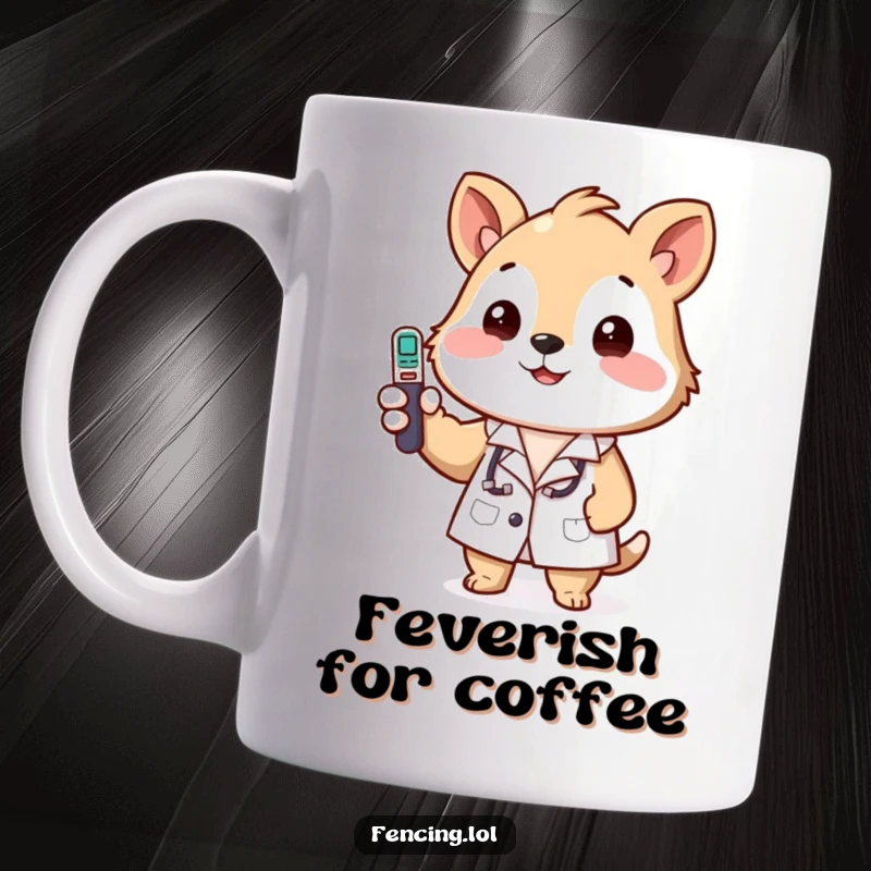 Funny mug featuring a happy animal in a tiny lab coat, diligently checking a thermometer with a smile.
