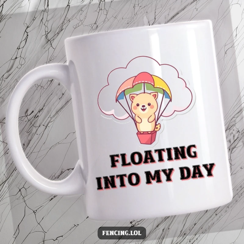 Funny mug showing a happy animal floating down from a fluffy cloud on a colorful parachute.