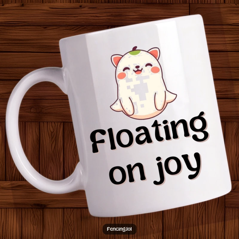 Funny joyful animal smiling and floating peacefully downwards on a mug, radiating calm and happiness.