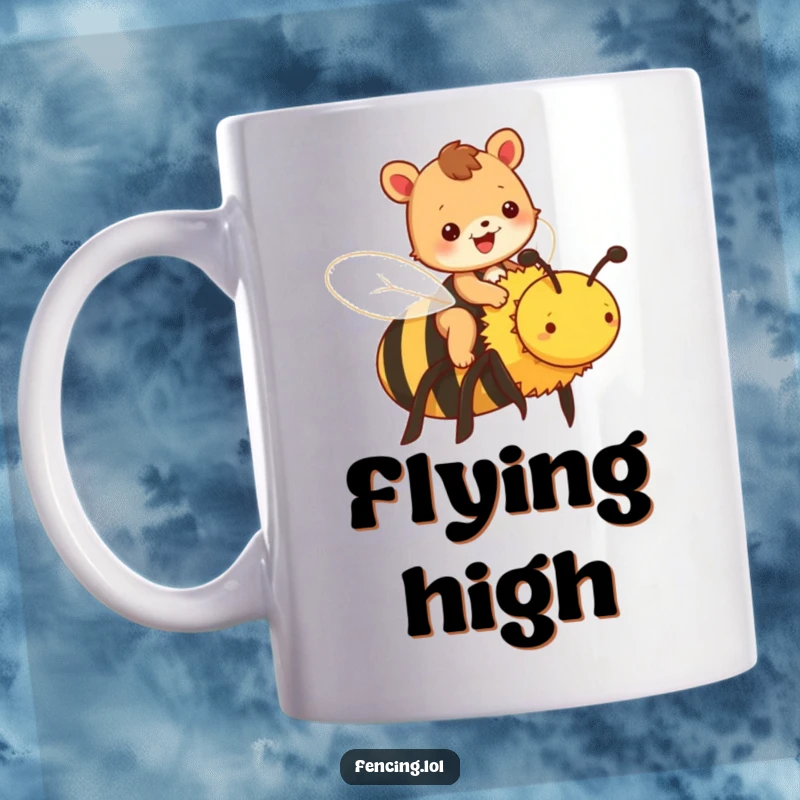 Funny animal mug depicting a cheerful animal happily riding on a large bee, a delightful and humorous scene.