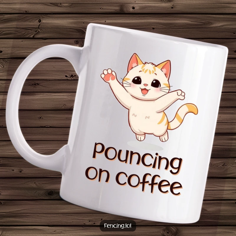 Funny Mug: A playful cat making a dramatic sudden stop with a flourish, capturing feline grace and humor.