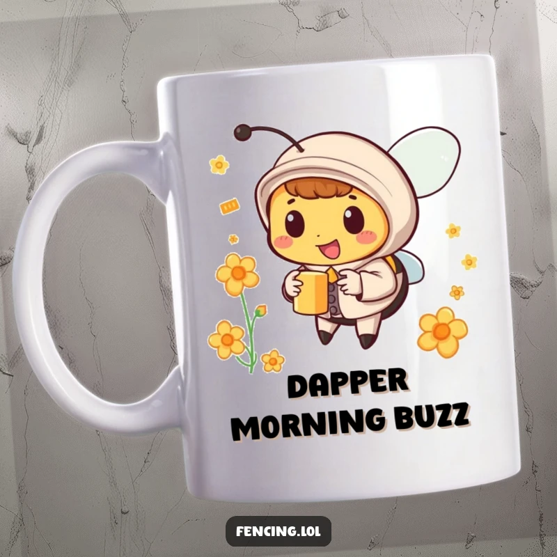 Funny bee mug showing a happy, dapper bee in a tiny suit collecting nectar, a sweet funny gift.