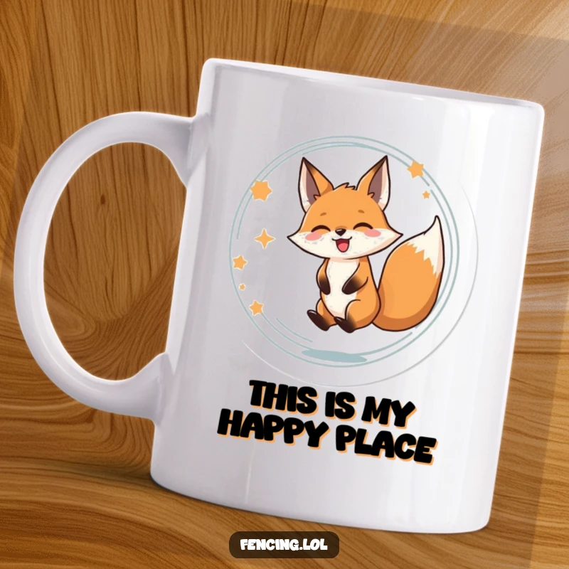 Funny mug featuring a determined fox spinning in a circle with eyes closed in pure delight and happiness.